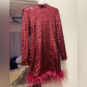 Red Holiday feathered sequin dress